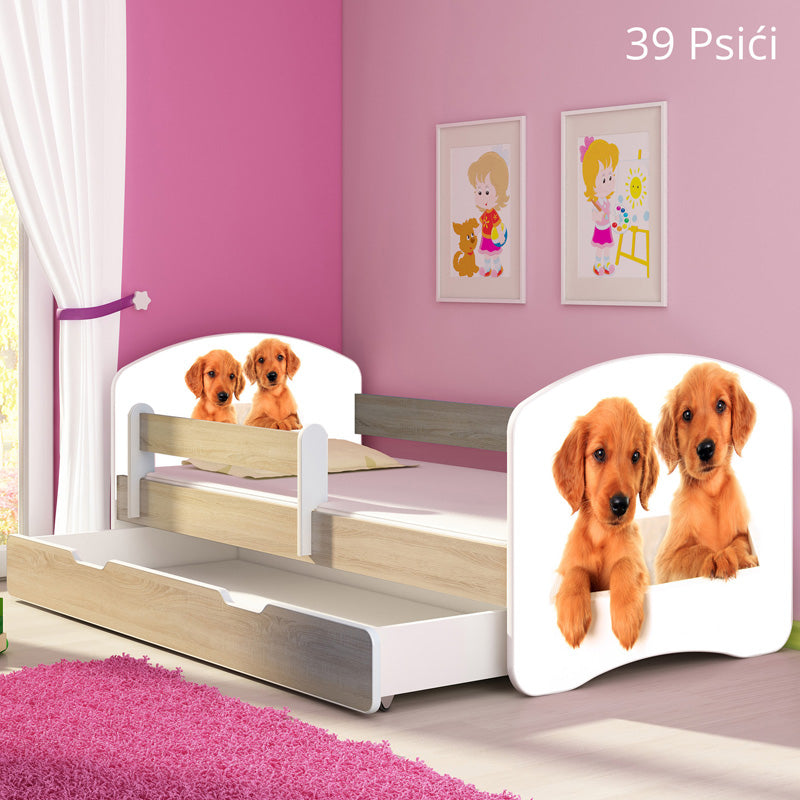 Dječji krevet ACMA s motivom, bočna sonoma + ladica 180x80 cm 39 Psići