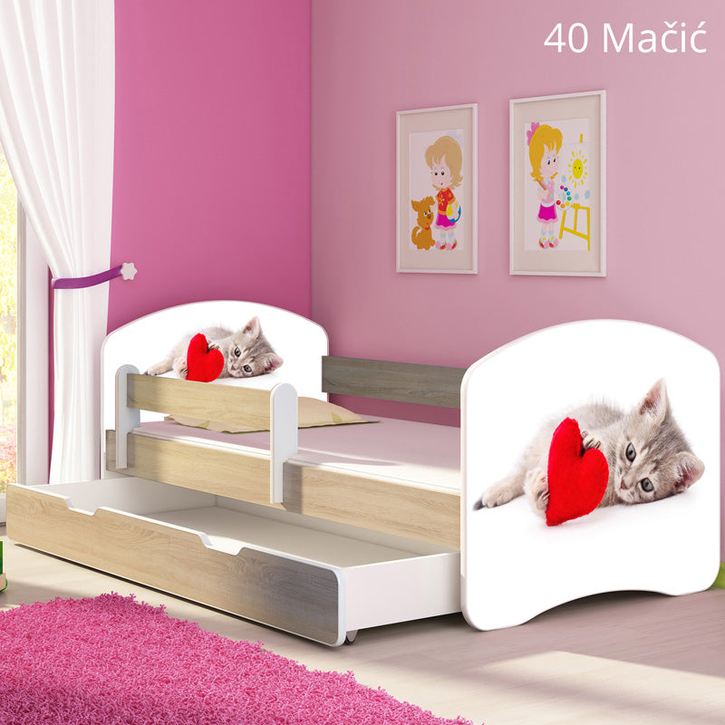 Dječji krevet ACMA s motivom, bočna sonoma + ladica 160x80 cm 40 Mačka