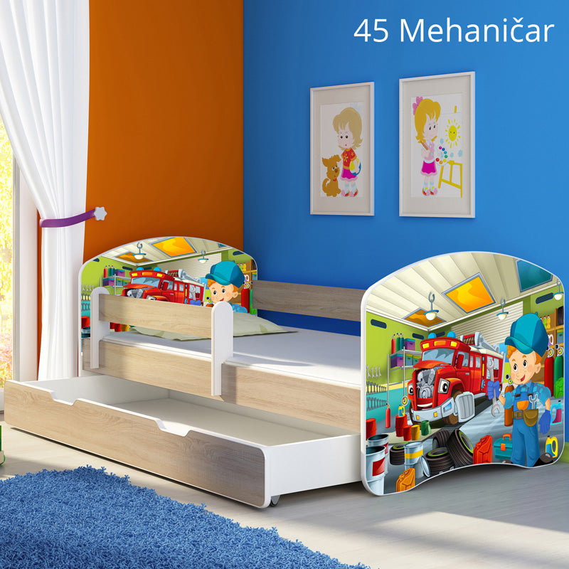 Dječji krevet ACMA s motivom, bočna sonoma + ladica 160x80 cm 45 Mehaničar