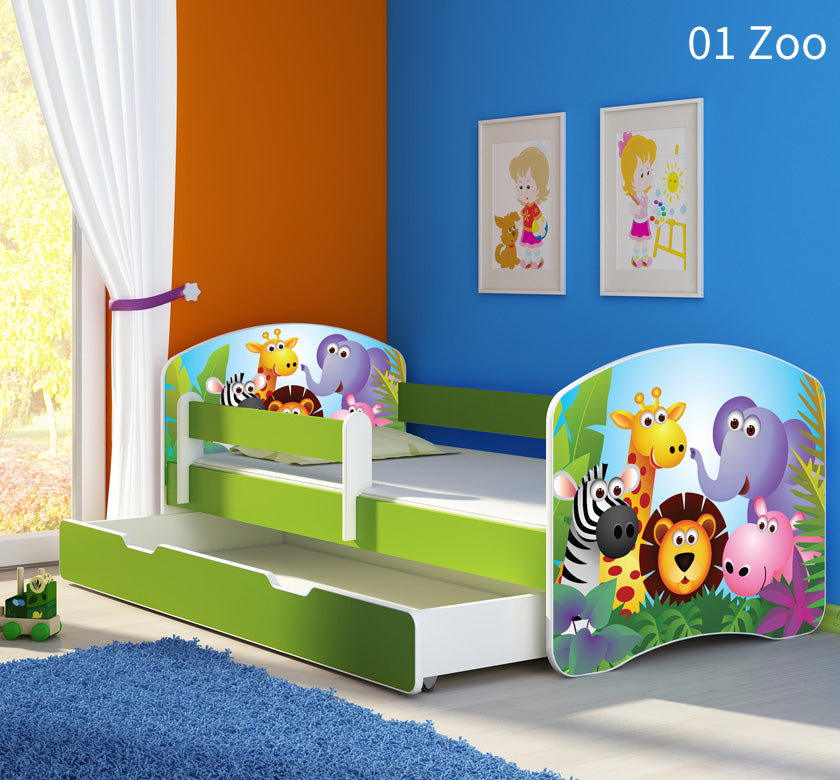 Dječji krevet ACMA s motivom, bočna zelena + ladica 140x70 cm