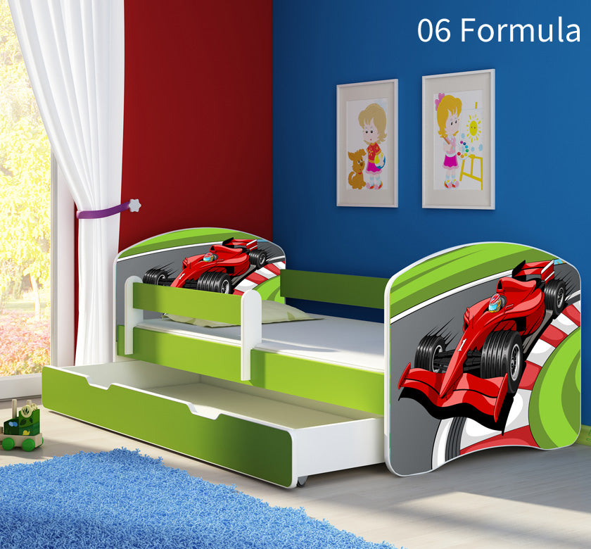 Dječji krevet ACMA s motivom, bočna zelena + ladica 180x80 cm 06 Formula 1