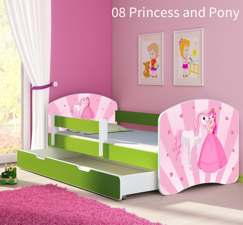 Dječji krevet ACMA s motivom, bočna zelena + ladica 180x80 cm 08 Princess with Pony