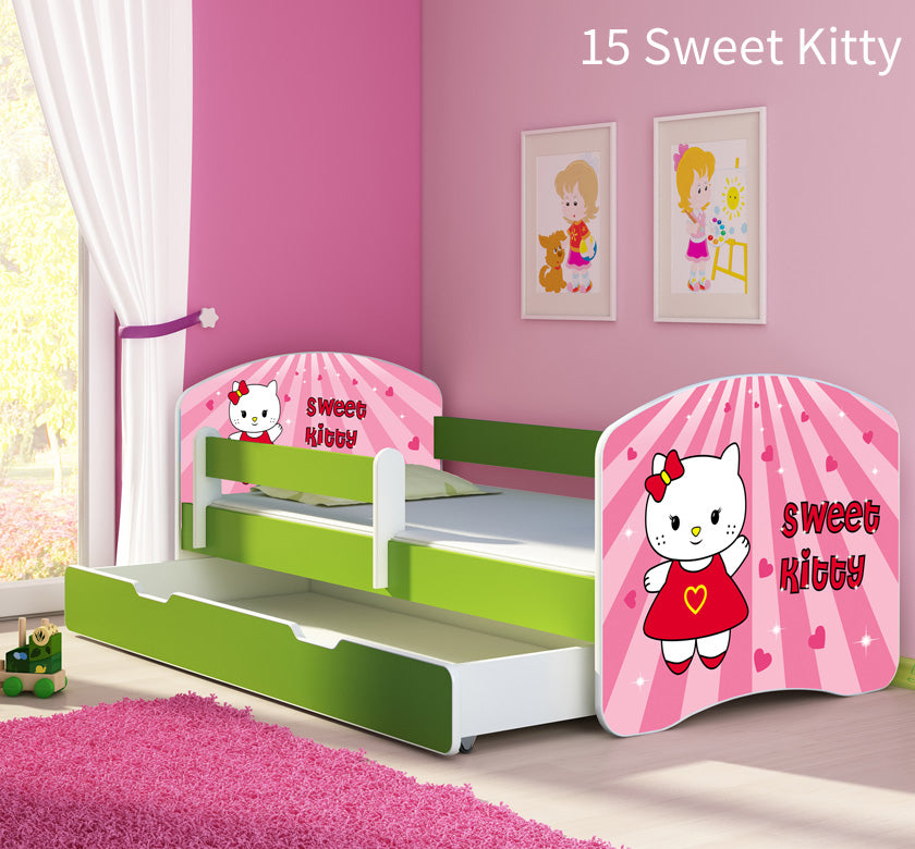Dječji krevet ACMA s motivom, bočna zelena + ladica 180x80 cm 15 Sweet Kitty