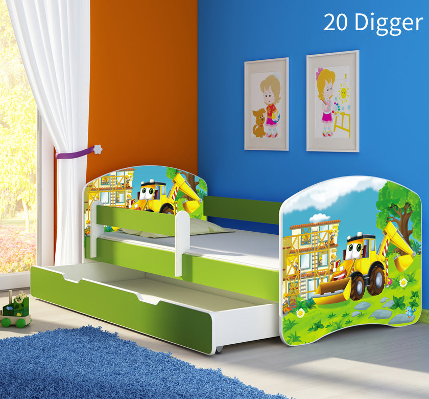 Dječji krevet ACMA s motivom, bočna zelena + ladica 160x80 cm 20 Digger