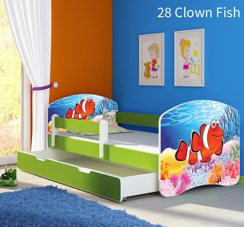 Dječji krevet ACMA s motivom, bočna zelena + ladica 160x80 cm 28 Clown Fish