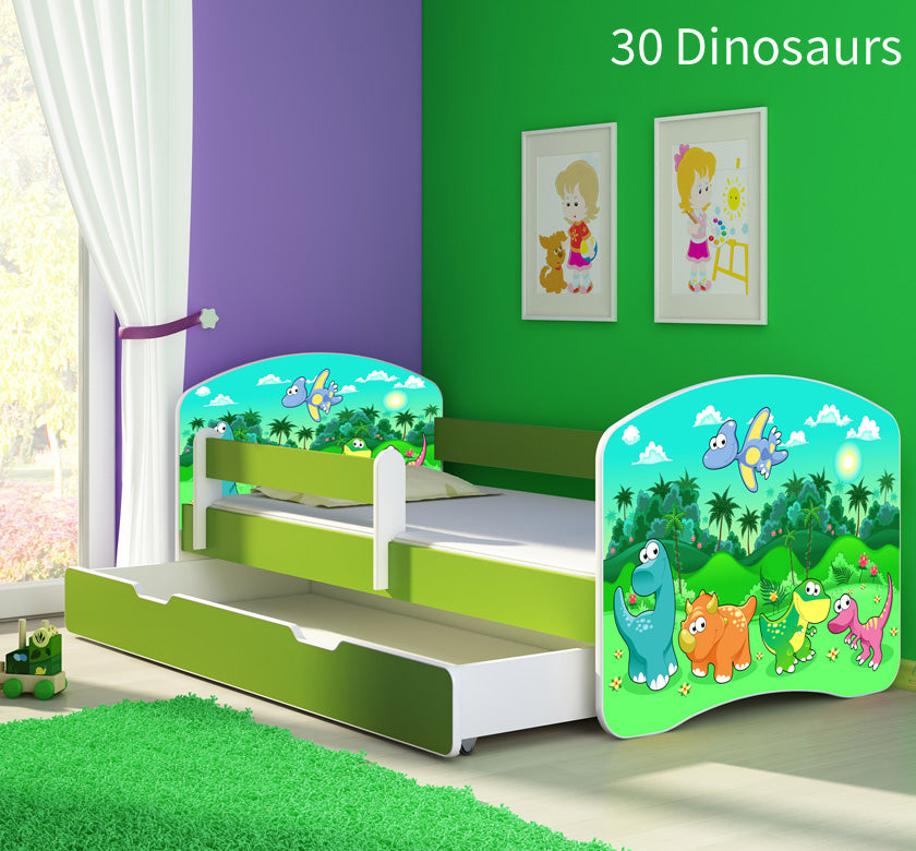 Dječji krevet ACMA s motivom, bočna zelena + ladica 180x80 cm 30 Dinosaurs
