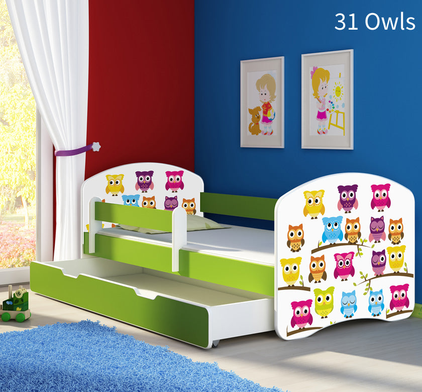 Dječji krevet ACMA s motivom, bočna zelena + ladica 140x70 cm 31 Owls