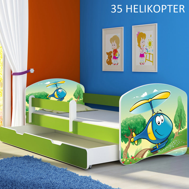 Dječji krevet ACMA s motivom, bočna zelena + ladica 140x70 cm 35 Helikopter