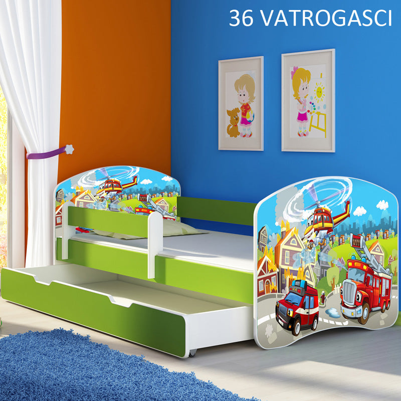 Dječji krevet ACMA s motivom, bočna zelena + ladica 160x80 cm 36 Vatrogasci