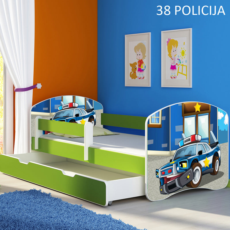 Dječji krevet ACMA s motivom, bočna zelena + ladica 140x70 cm 38 Policija