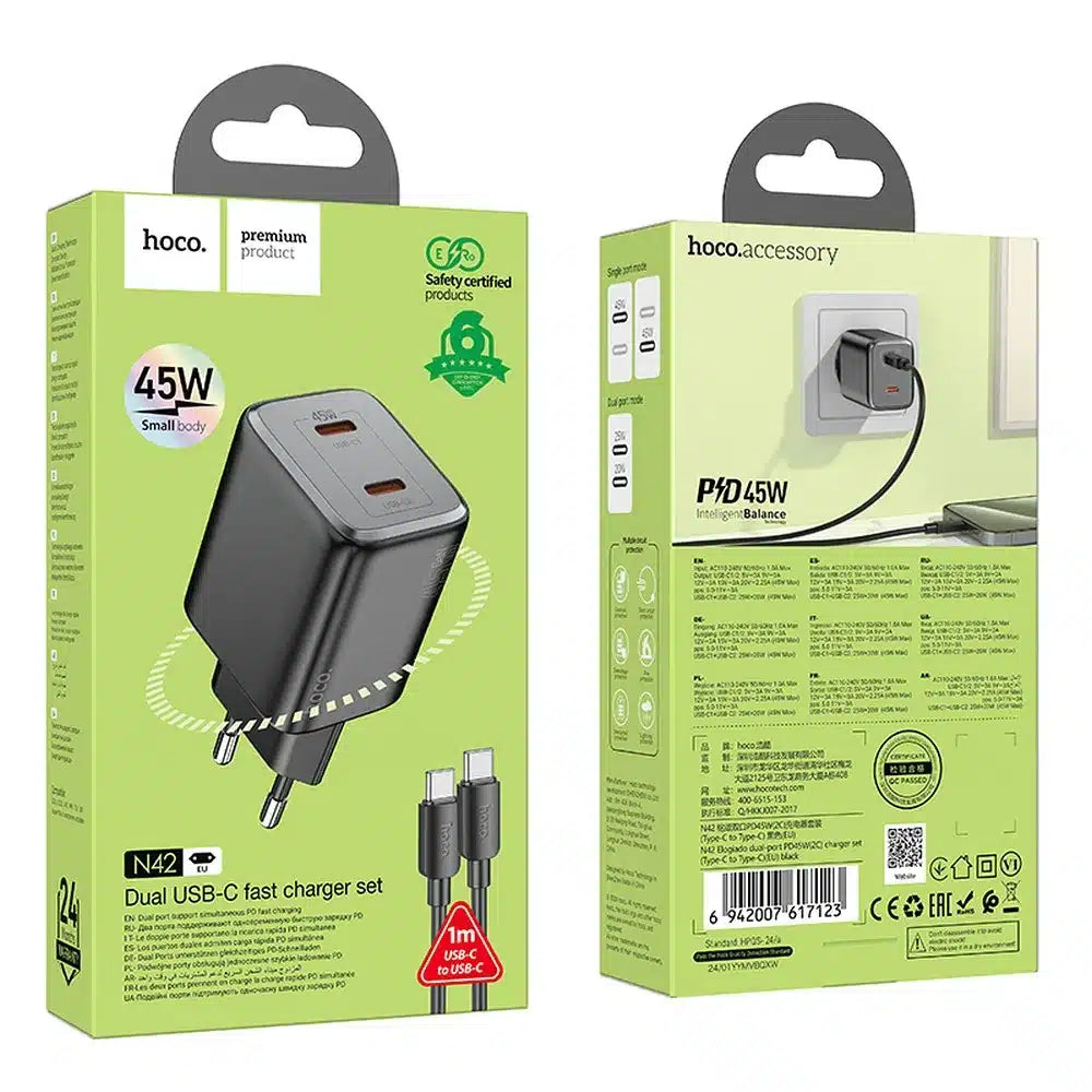 HOCO zidni punjač 2 x Type-C + kabel Type-C do Type-C PD QC 45W GaN N42 crni