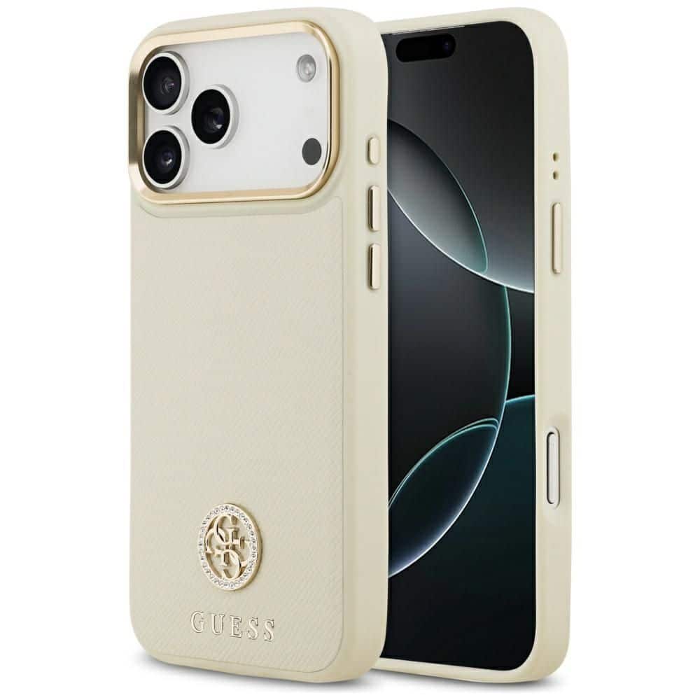 GUESS maskica za iPhone 17 Pro kompatibilna s MagSafe (PU s logom od zrnaste strass tkanine) bež