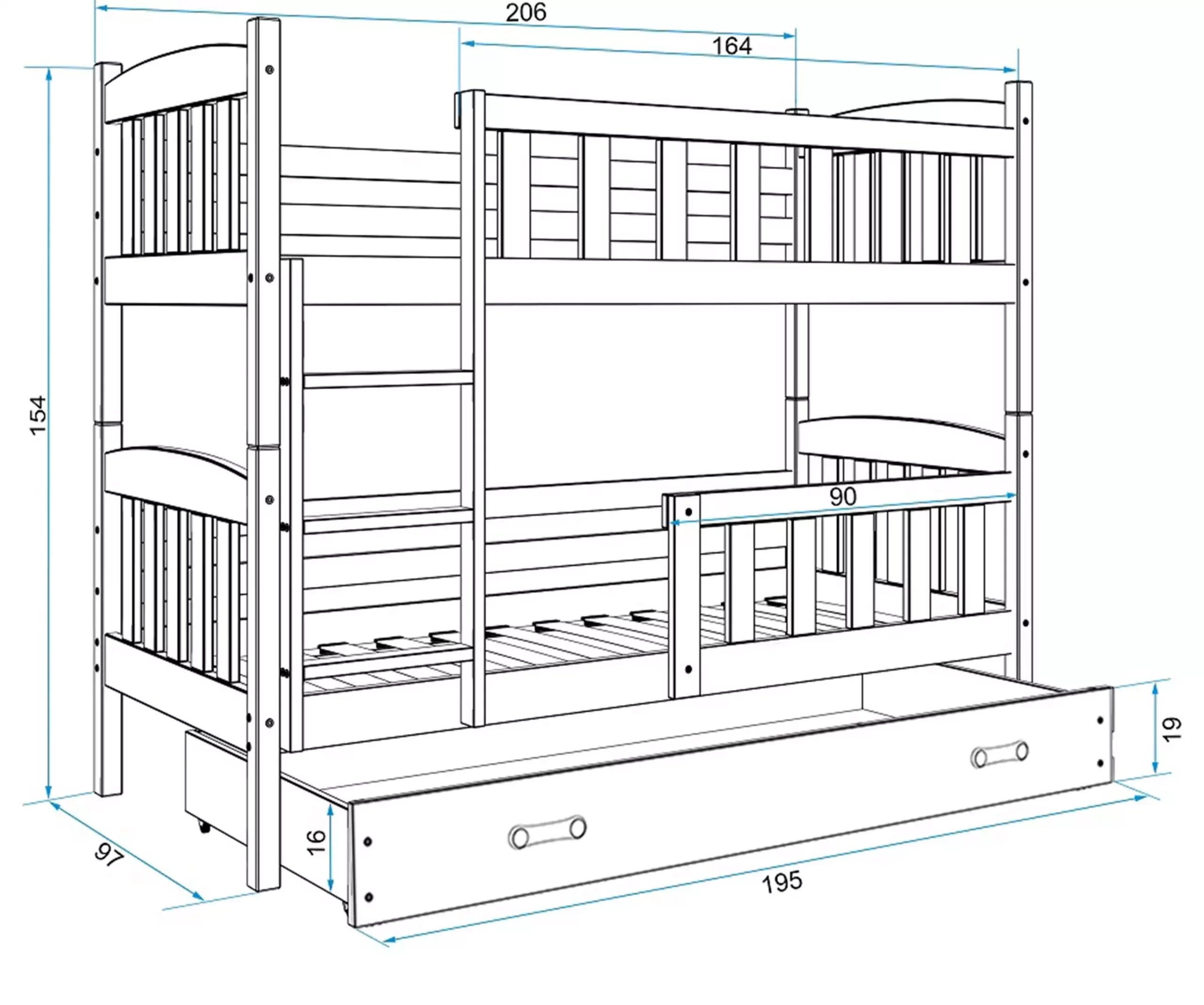 Krevet BMS Kubus na kat + ladica 200x90 cm, PINE bijela