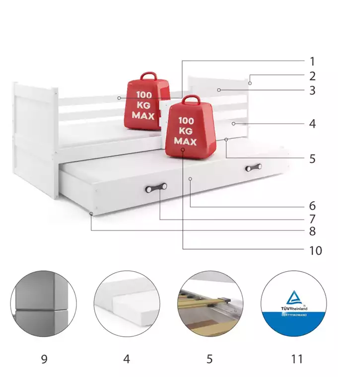 Krevet BMS Rico za 2 osobe 200x90 cm, BIA grafit