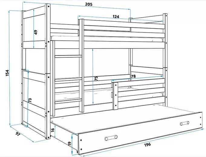 Krevet BMS Rico na kat za 3 osobe 200x90 cm, GRF
