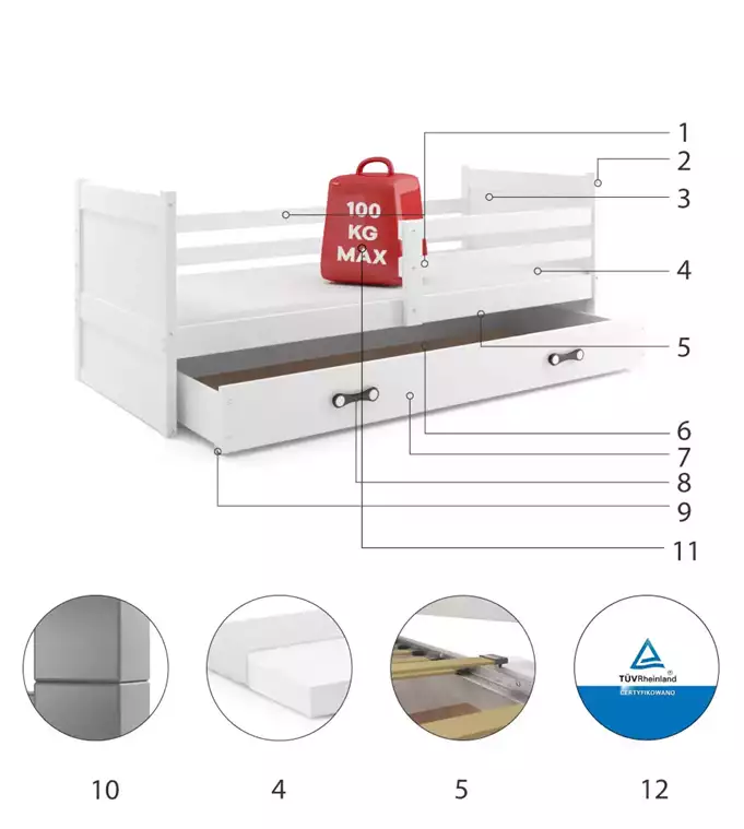 Krevet BMS Rico + ladica 190x80 cm, GRF bijela