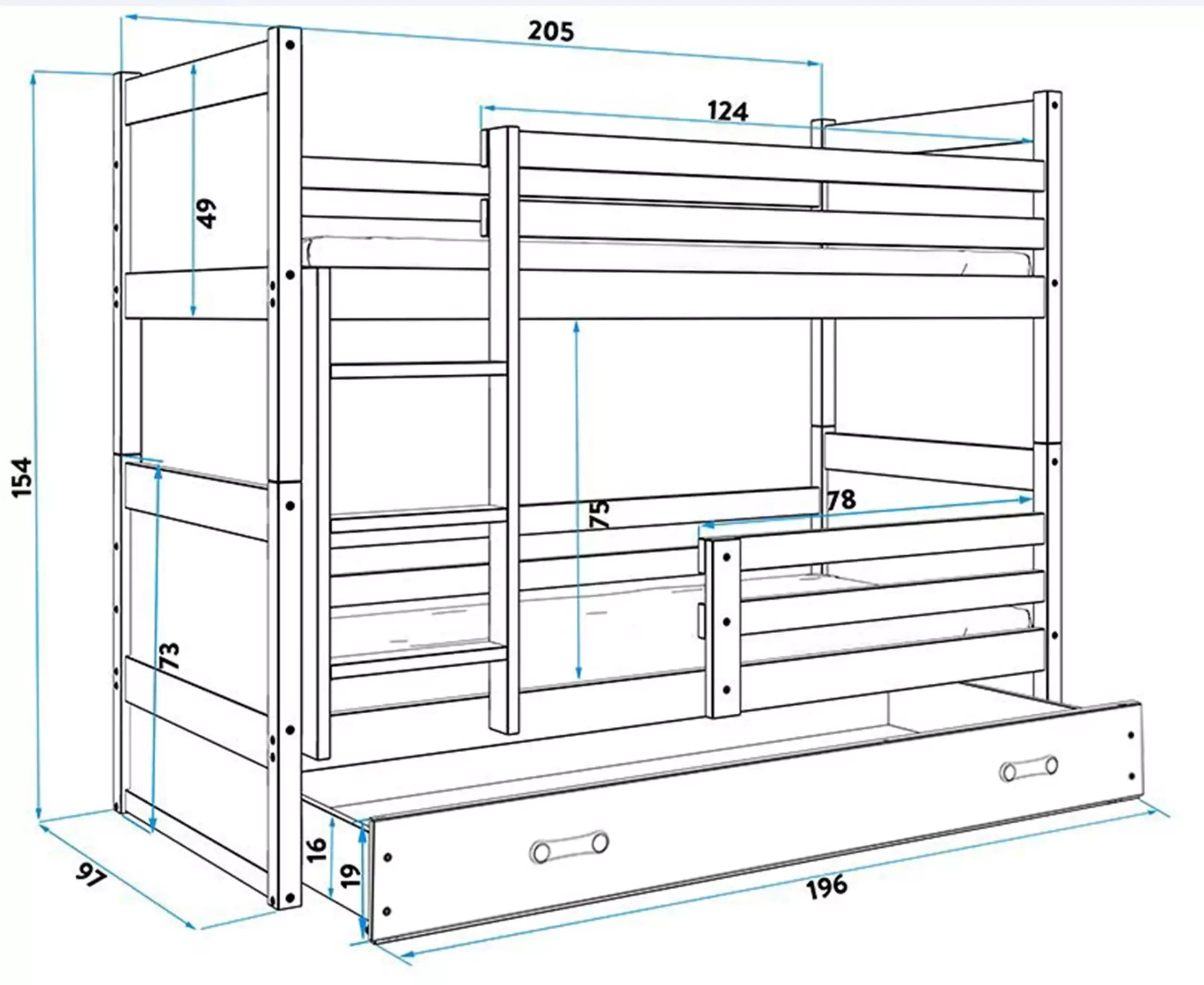 Krevet BMS Rico na kat + ladica 200x90 cm, BIA