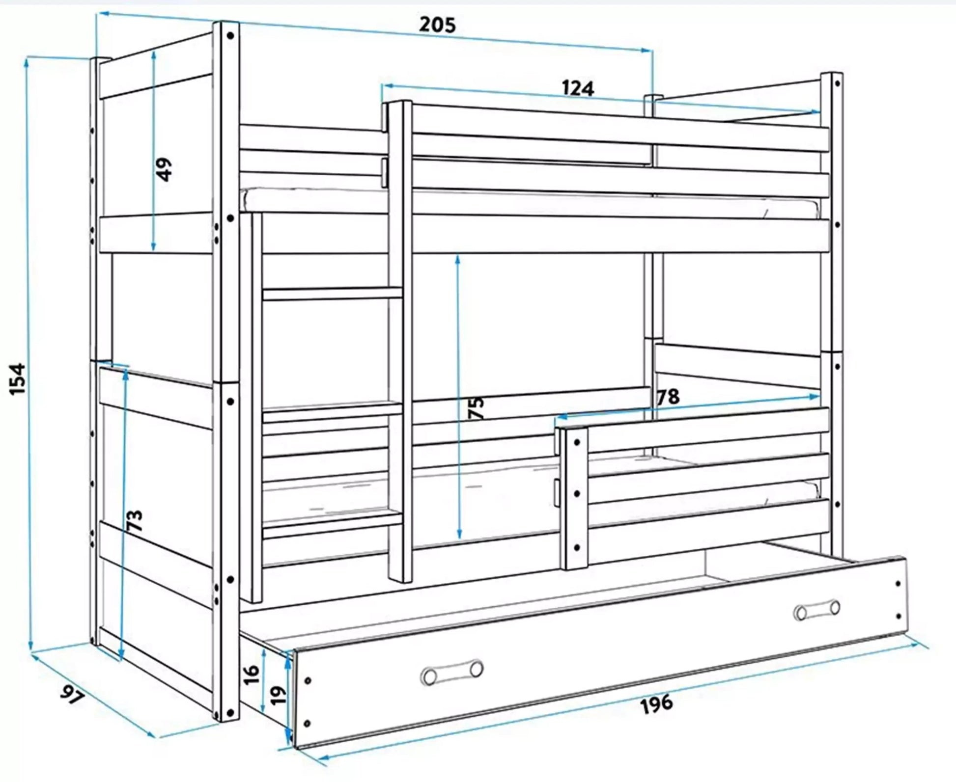 Krevet BMS Rico na kat + ladica 200x90 cm, BIA zelena