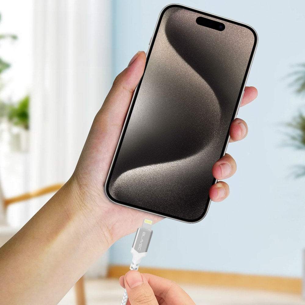 BLAVEC RAPTOR KABEL OPLETENI – USB NA LIGHTNING – 2.4A 0.5 METARA – bijelo-srebrni