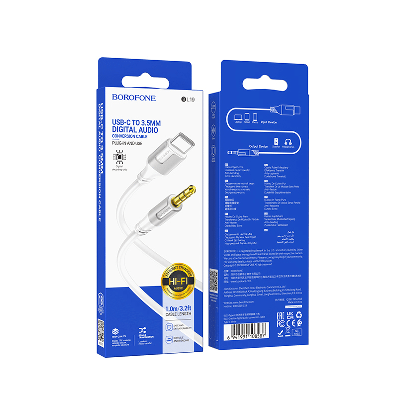 Borofone kabel BL19 Creator - 3,5mm jack na Type-C - 1m bílý