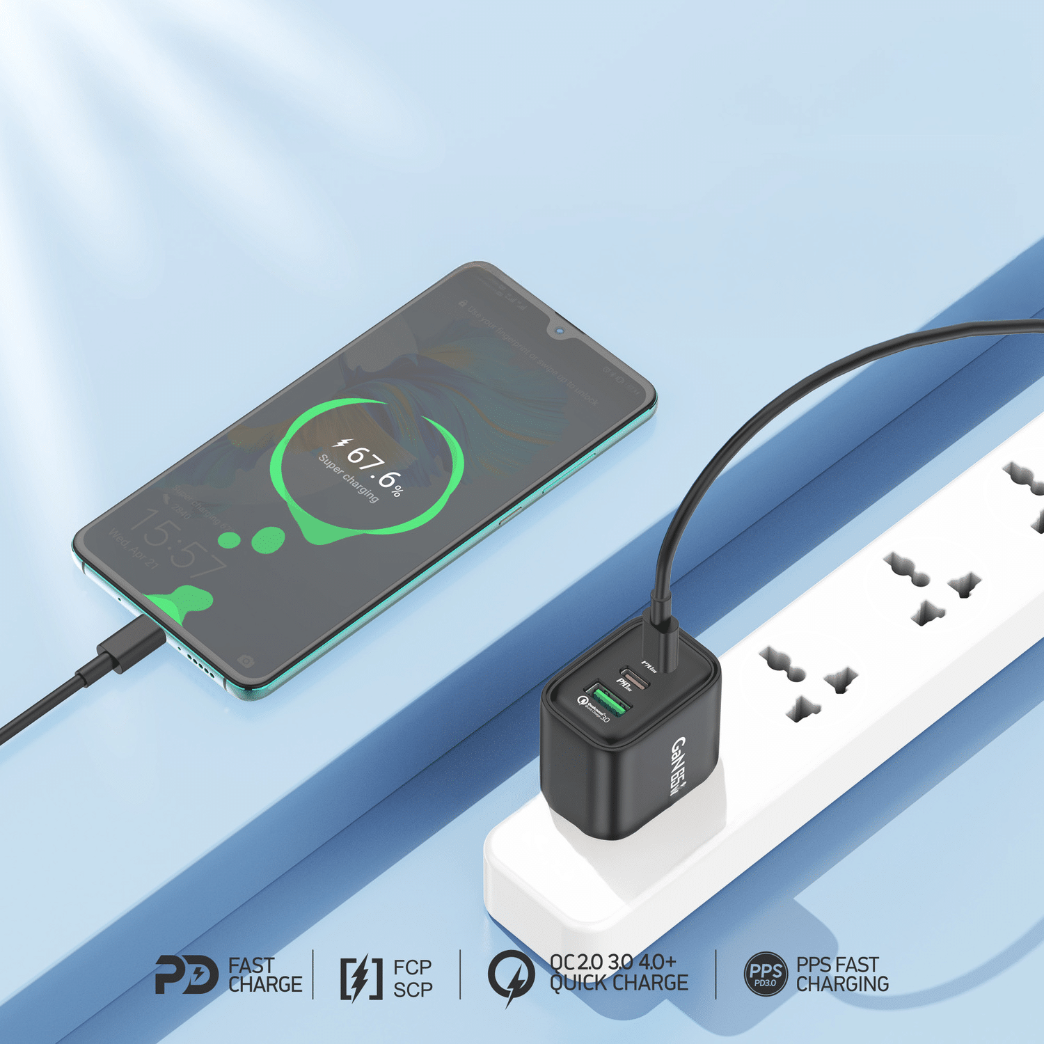 Nástěnná nabíječka Foneng GaN PPS - USB + 2xType C - QC 4.0+ PD 65W s kabelem Type C na Type C černá