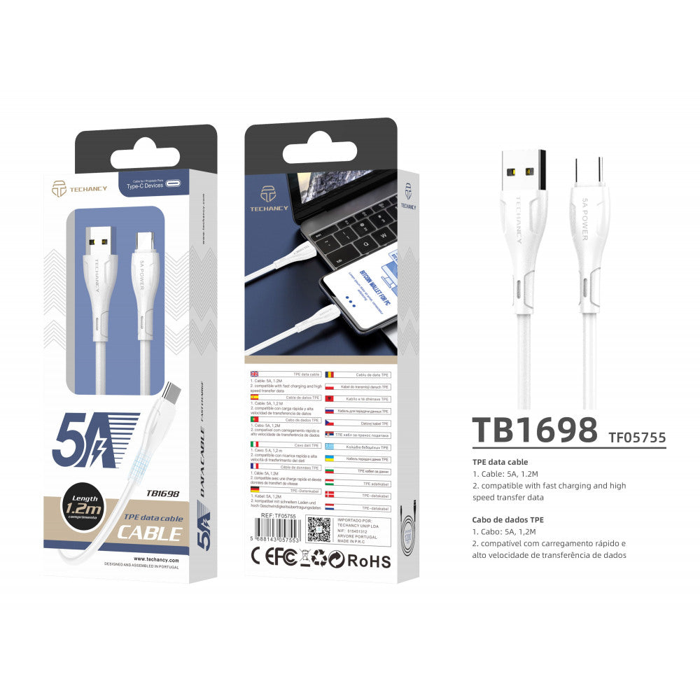 Techancy USB A- Type-C kabel 5A 120 cm - Bijela