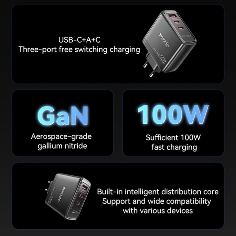 Zidni punjač Yesido YC142 100W 5A 1 x USB-A - 2 x USB-C crni
